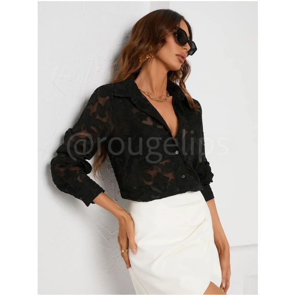 Black Button Up Sheer Shirt Long Sleeve Floral Abstract Pattern Texture - Picture 4 of 8